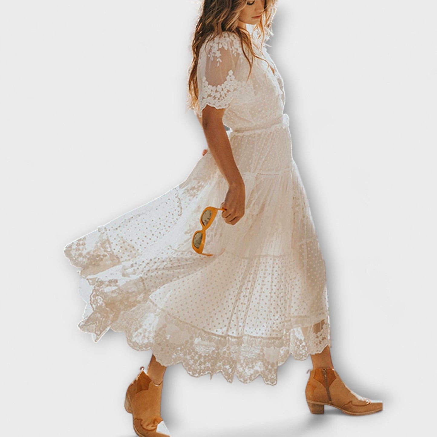 Lacey Midi Dress with V-Neck and Short Sleeves