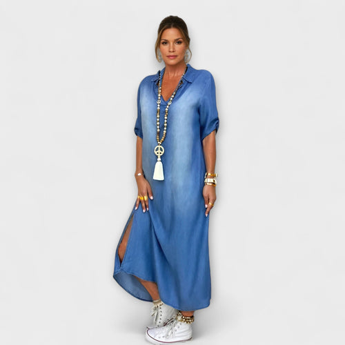 Lea - Long Denim-Look Dress with Side Slit